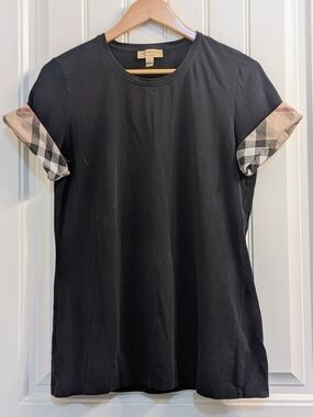 Burberry Black Short Sleeve Tee with Check Cuff Detail